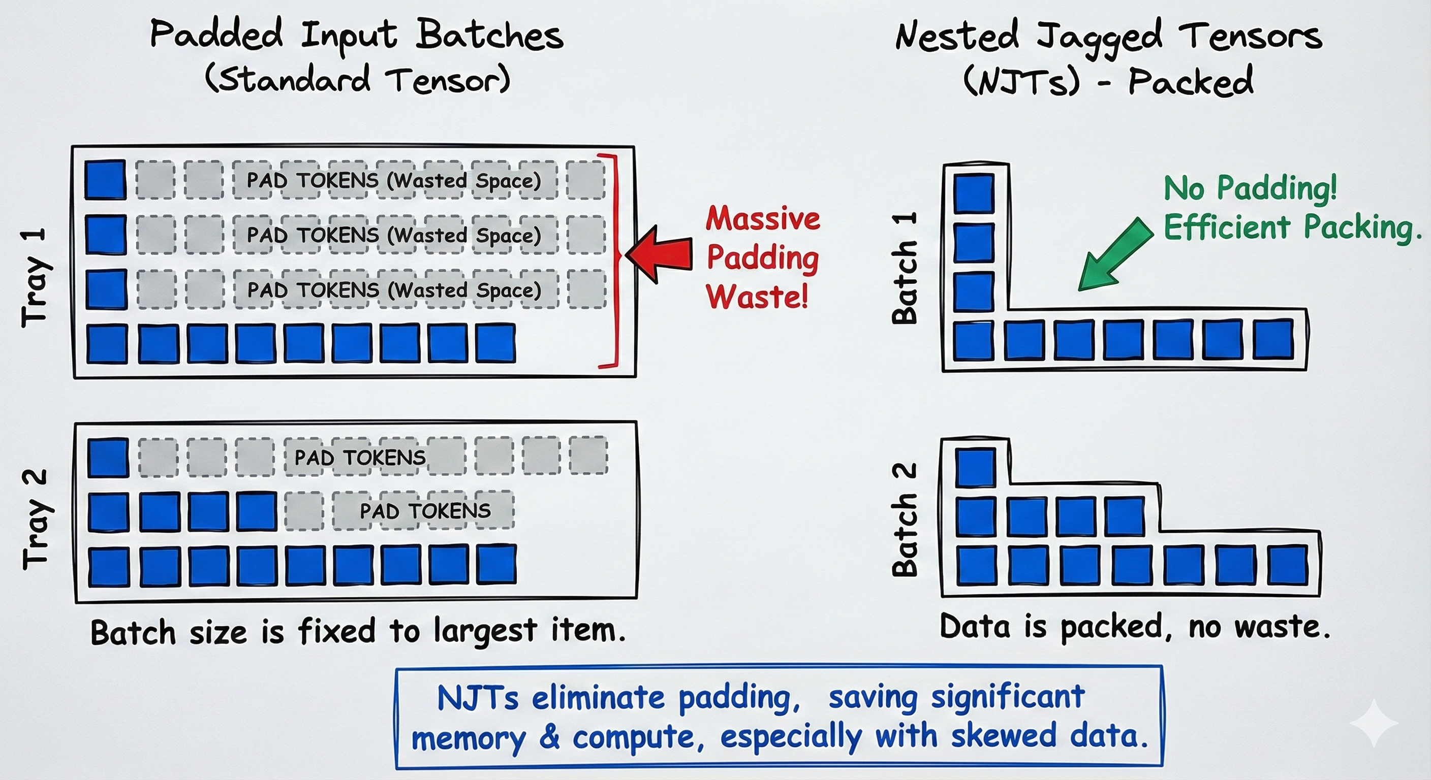 Diagram comparing padded tensors vs nested jagged tensors